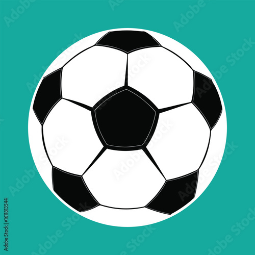 Black and white graphic illustration of a classic soccer ball on a teal background.