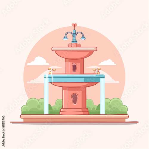 Charming cartoon illustration of a two-tiered pink water fountain with a blue basin and a decorative heart-shaped top.