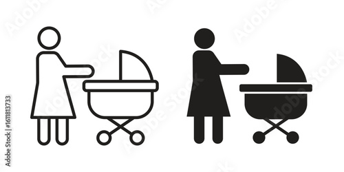 Woman with Baby Stroller icon logo set. thin line concept simple icon or design element