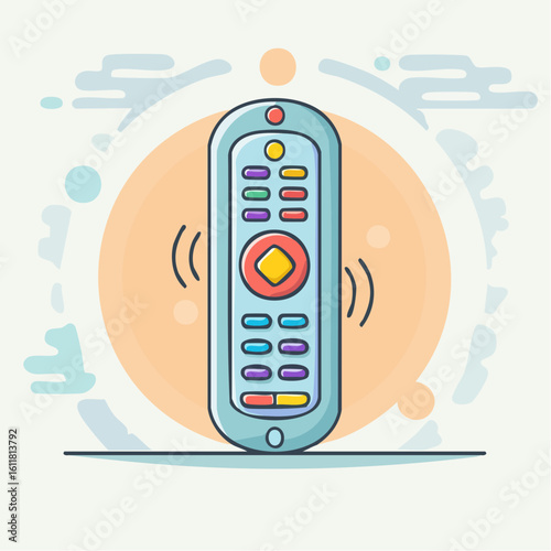 Flat design illustration of a light blue remote control with vibrant colorful buttons and signal lines.