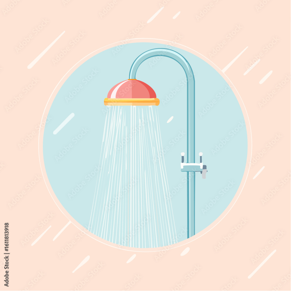 Fototapeta premium Colorful cartoon shower fixture with a red and yellow head blue pipe and streams of running water.