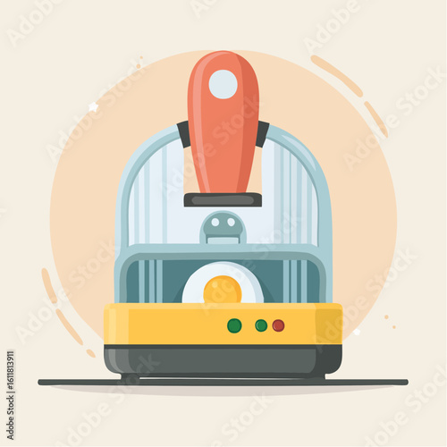 Futuristic 3D food printer with a red handle creating a sunny-side-up egg a modern culinary technology concept.