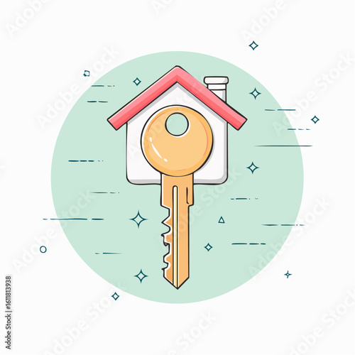 Stylized golden house key with a charming red-roofed house-shaped fob.