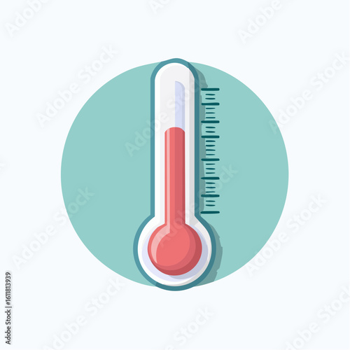 Classic white cartoon thermometer with red liquid and a measurement scale indicating moderate temperature.