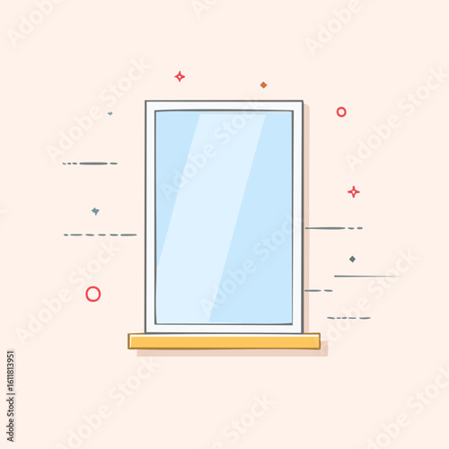 Simple cartoon window illustration with a white frame blue glass and a yellow windowsill.