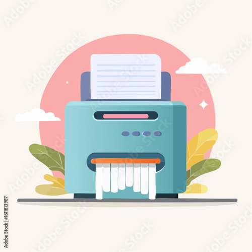 Flat design illustration of a paper shredder machine actively destroying a document.