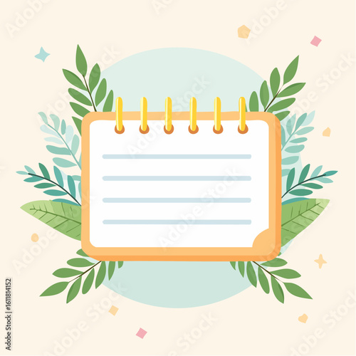 Illustrated orange spiral notepad with lined paper and yellow binding framed by green botanical leaves.