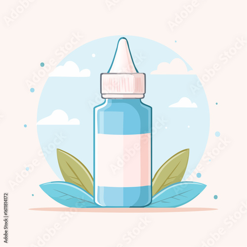Blue nasal spray bottle illustration with a white ribbed cap pointed nozzle and blank label resting on leaves.