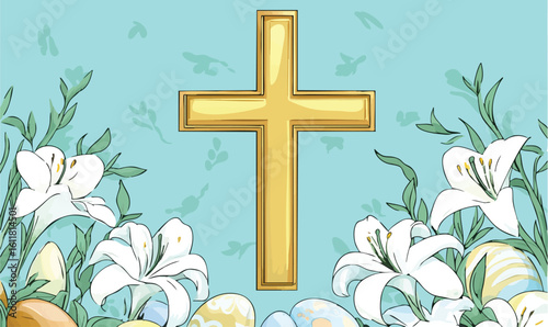 Golden cross adorned with white lilies and Easter eggs, symbolizing hope and new beginnings
