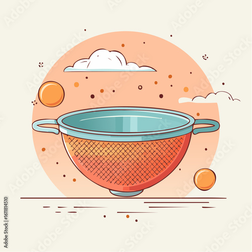 Vibrant orange kitchen colander with a blue rim handles and a crosshatch mesh texture.