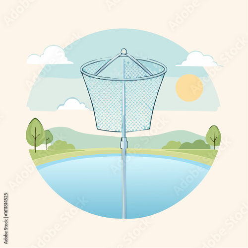 Illustrated light blue fishing landing net with a circular metal frame and long handle.
