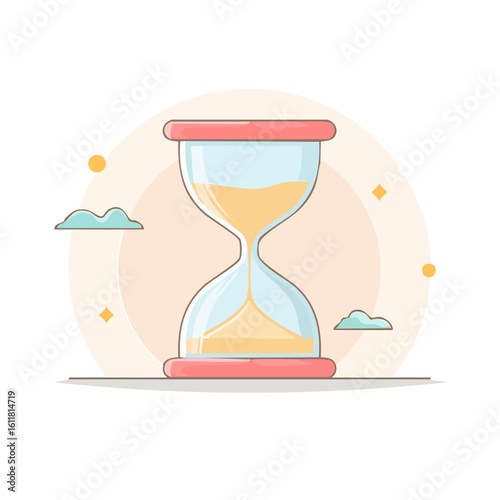 Cartoon hourglass with red bases and flowing yellow sand a classic symbol of time passing.