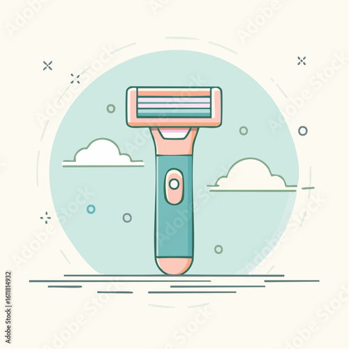 Flat line art illustration of a modern safety razor with a teal handle and pink multi-blade cartridge.