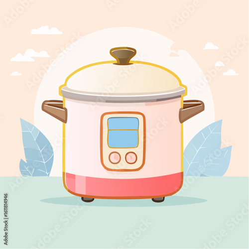 Cute cartoon illustration of a modern white electric rice cooker with a digital display and yellow accents.