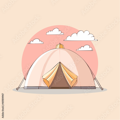 A stylized illustration of a beige dome tent with open yellow flaps guy lines and a top vent.