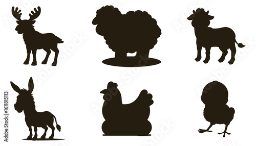 Collection of six distinct animal silhouettes including a moose sheep cow donkey chicken and chick