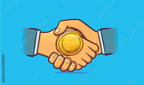 Secure valuable business deal handshake with golden coin exchange for success and partnership