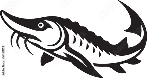 Sturgeon fish silhouette vector design, Black and white freshwater fish graphic