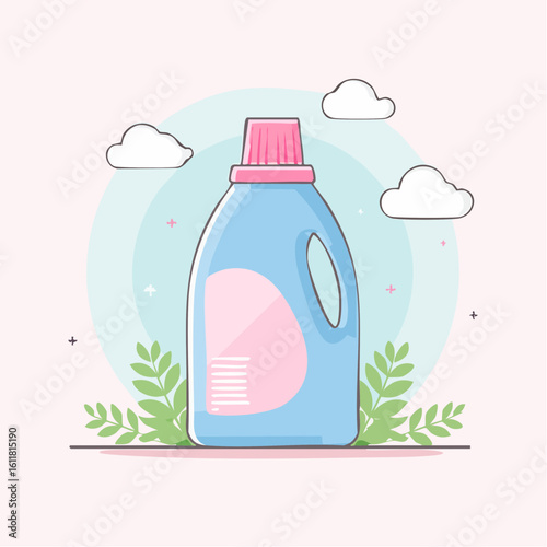 Cute cartoon illustration of a blue laundry detergent jug with a pink ribbed cap and blank label.