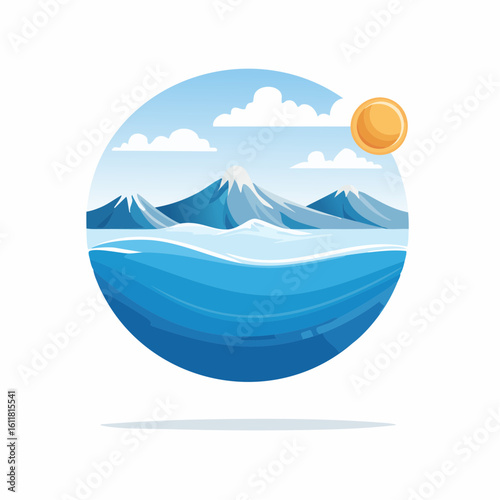 Serene Arctic Landscape: Snow-Capped Mountains and Calm Ocean Waves in a Peaceful Circle Frame