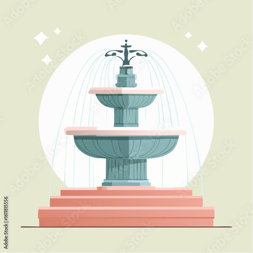 Elegant two-tiered water fountain illustration with a decorative finial and pink accents.