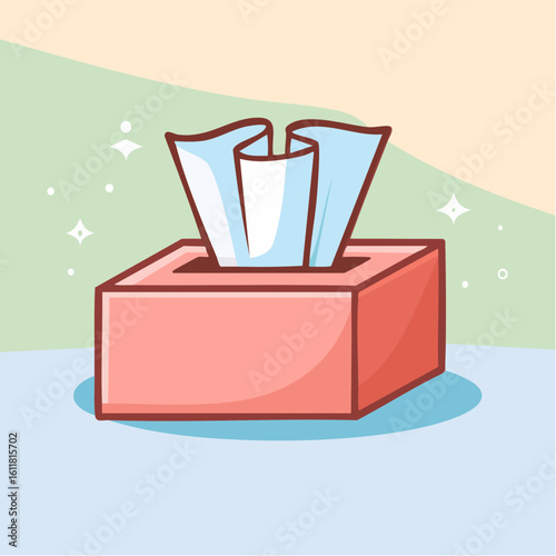 Cute cartoon illustration of a pink tissue box with clean white facial tissues popping out from the top.