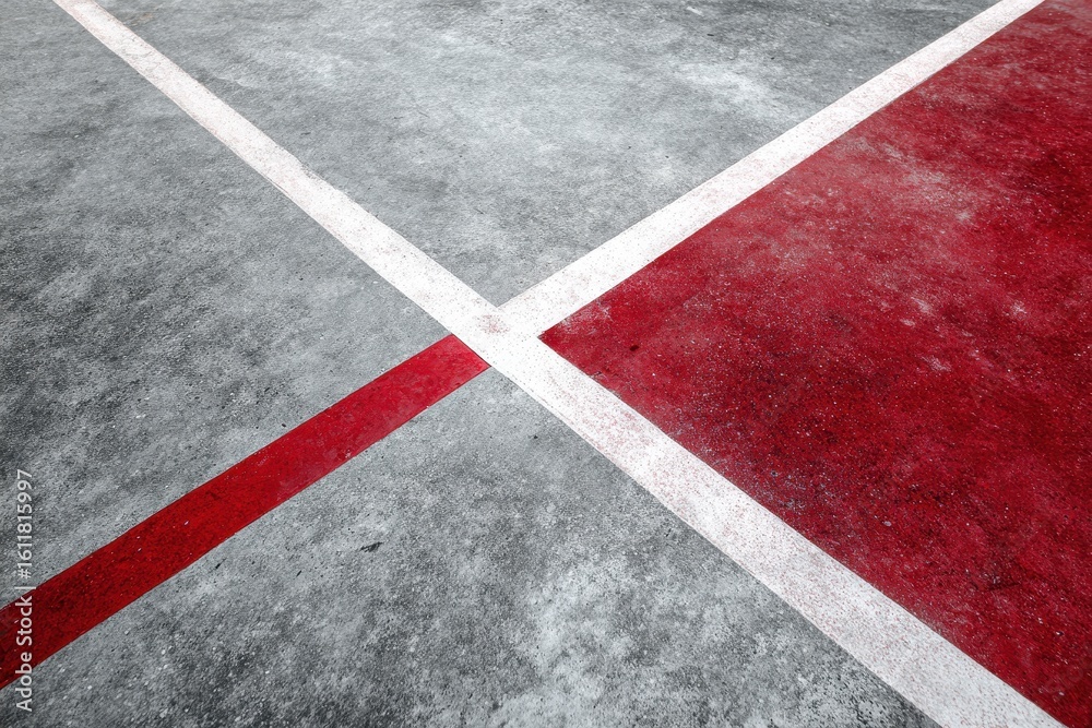 Fototapeta premium A 4K photo of 4K photo of red and white lines on the floor of an indoor basketball court, high-angle view, flat lay, high-resolution photography, stock photo, professional.
