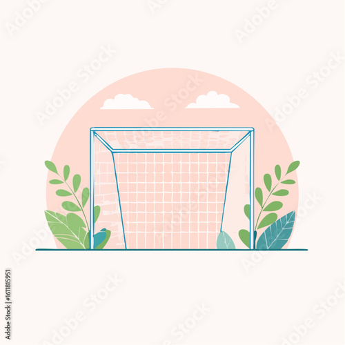 Artistic blue-framed soccer goal with white netting surrounded by stylized green and teal plants.