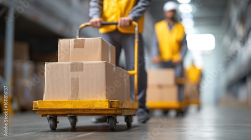 Warehouse Workers Transporting Boxes with Hand Trolley in Storage
