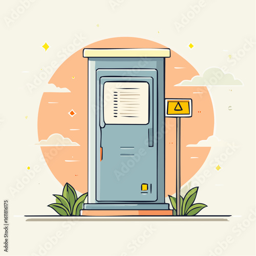 Stylized blue portable toilet cubicle with a sign depicted in a clean flat cartoon illustration style.