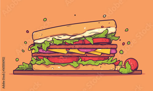 Satisfyingly stacked sandwich bursting with fresh ingredients ready to devour.
