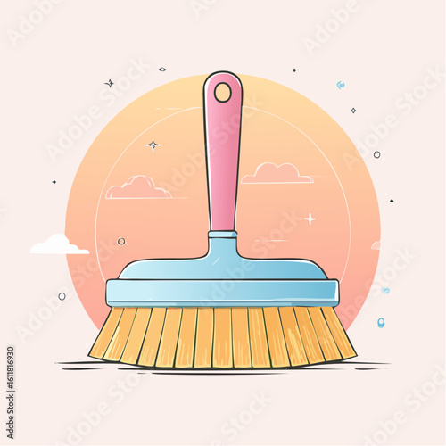 Illustrated hand brush with a white handle wide head and golden yellow bristles.