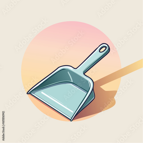 Stylized illustration of a light blue plastic dustpan with a handle featuring a hanging hole.