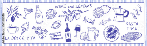 Whimsical mediterranean sketch food and wine collection with pasta, lemon, seafood, coffee pot. Relaxed crayon vector illustration for print, card.