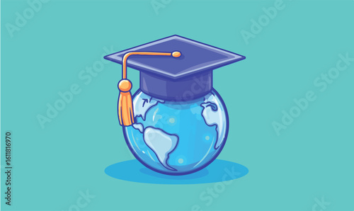 Celebrate global education with this graduation cap on the Earth, symbolizing worldwide learning and achievement