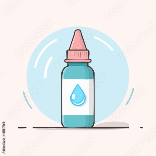 Illustrated light blue dropper bottle with a pink cap and a water drop symbol on its label.