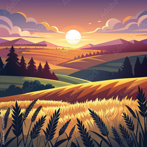 Serene illustration of a wheat field at sunset with rolling hills and lush trees