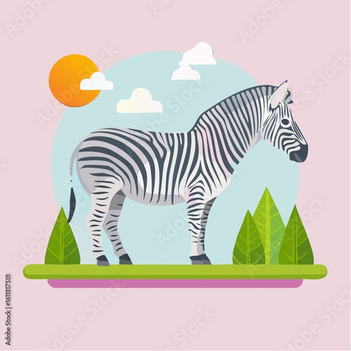 Graceful zebra illustration in profile view featuring a distinctive black and white striped coat and stylized grey shading.