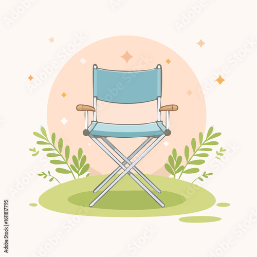 Stylized illustration of a blue portable camping chair with a metal frame and wooden armrests.