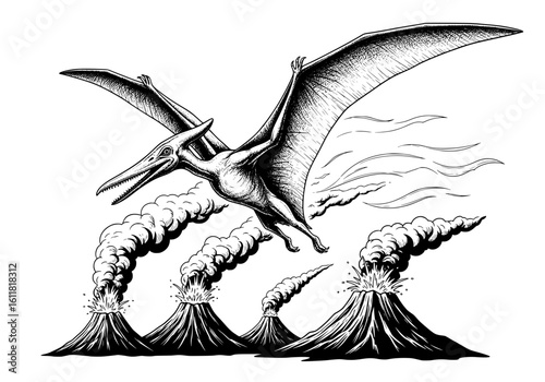 Majestic Pterodactyl soars above erupting volcanoes amidst smoky skies, capturing prehistoric drama.