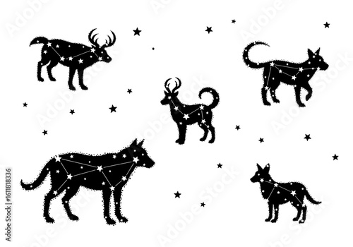 Whimsical celestial animals constellation art for magical, dreamy, and mystical design projects