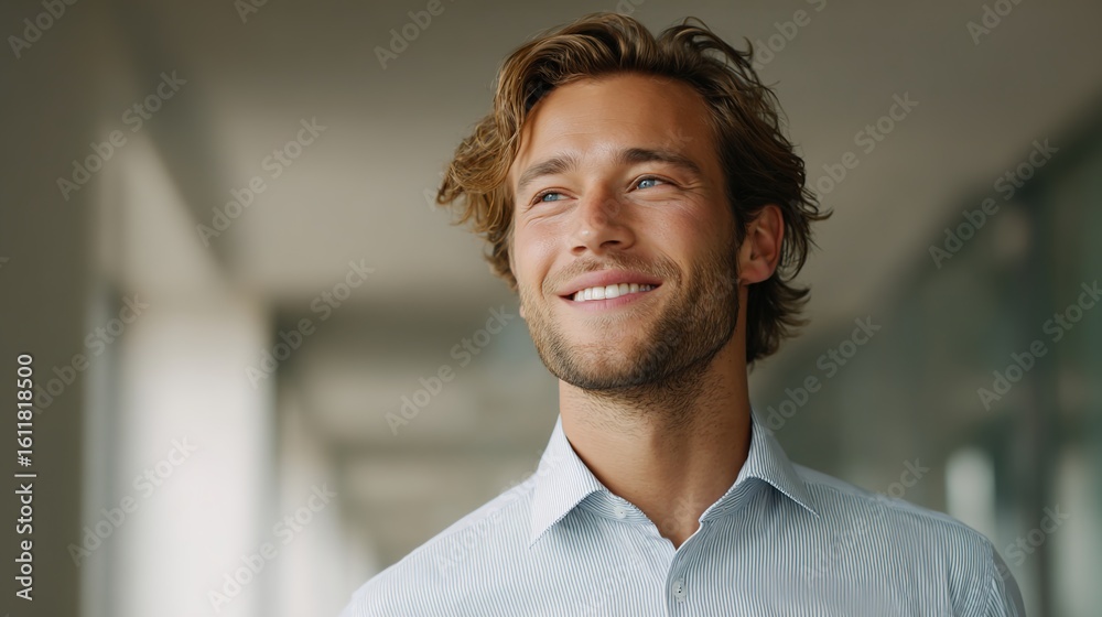 Obraz premium Young Man Smiling in Modern Office Environment with Soft Lighting