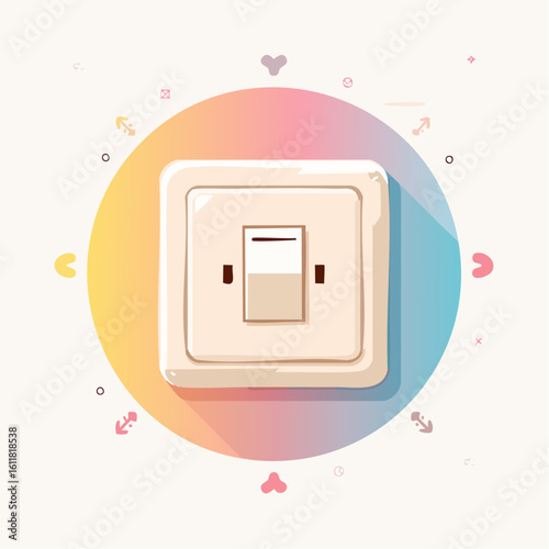 Beige square wall light switch with a rocker toggle depicted in a simple cute and clean cartoon illustration style.