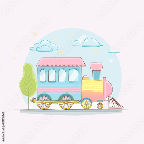 Charming pastel toy train with locomotive and passenger car Cute hand-drawn illustration with whimsical details and soft colors.
