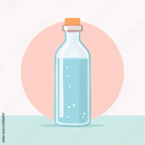 Illustrated glass bottle of sparkling blue water with a cork stopper Simple clean flat design style.