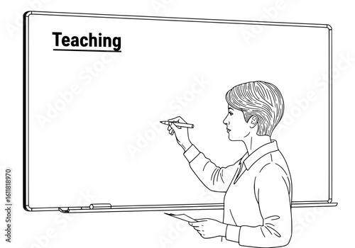 Confident educator guiding students with chalk on a clean whiteboard, fostering learning and knowledge.
