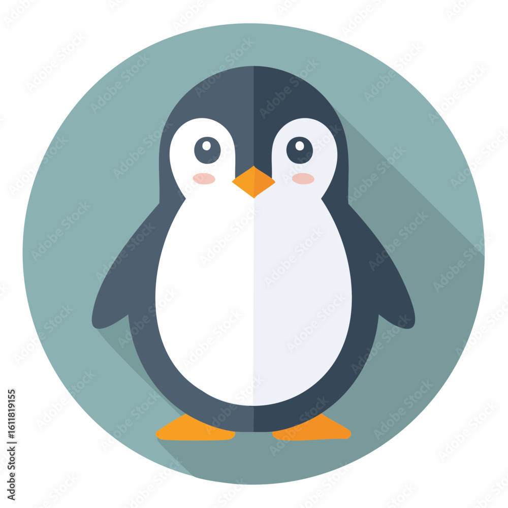 Naklejka premium Charming Cartoon Penguin Icon in a Circular Frame with Playful Design Elements