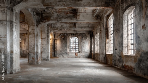 A 4K photo of 4K photo of abandoned Industrial Building Interior With Worn Concrete Walls and Windows.
