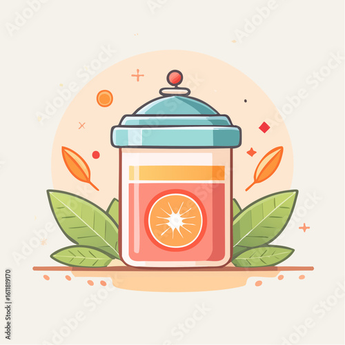 Stylized glass jar of orange marmalade with a blue lid and fresh leaves.