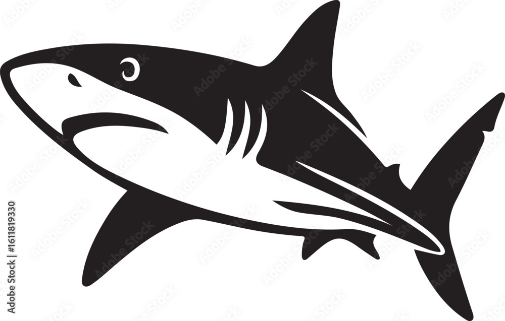 Fototapeta premium Shark silhouette on white vector graphic, Ocean predator in simple black design